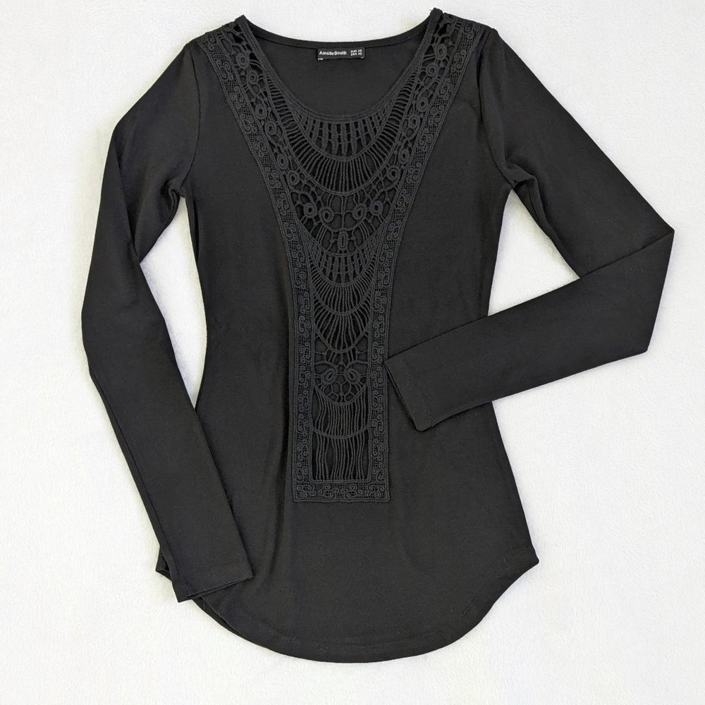 AmelieBoutik Long Sleeve Soft Knit Scoop Neck Crochet Top, Size S